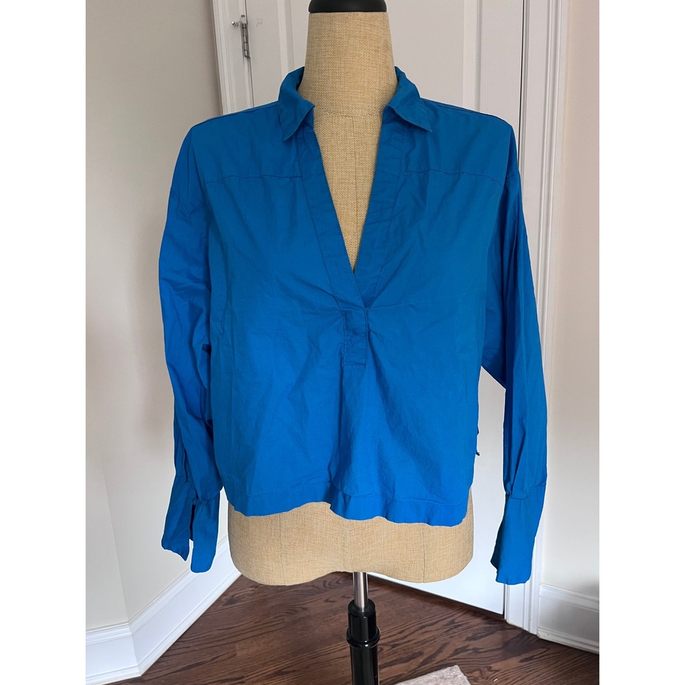 Maeve Anthropologie Blouse Womens Blue Boxy Cotton Poplin Cropped Nautical Large